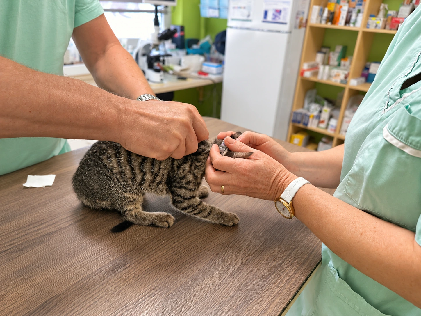 Zara na vyšetrovacom stole počas návštevy veterinára.
